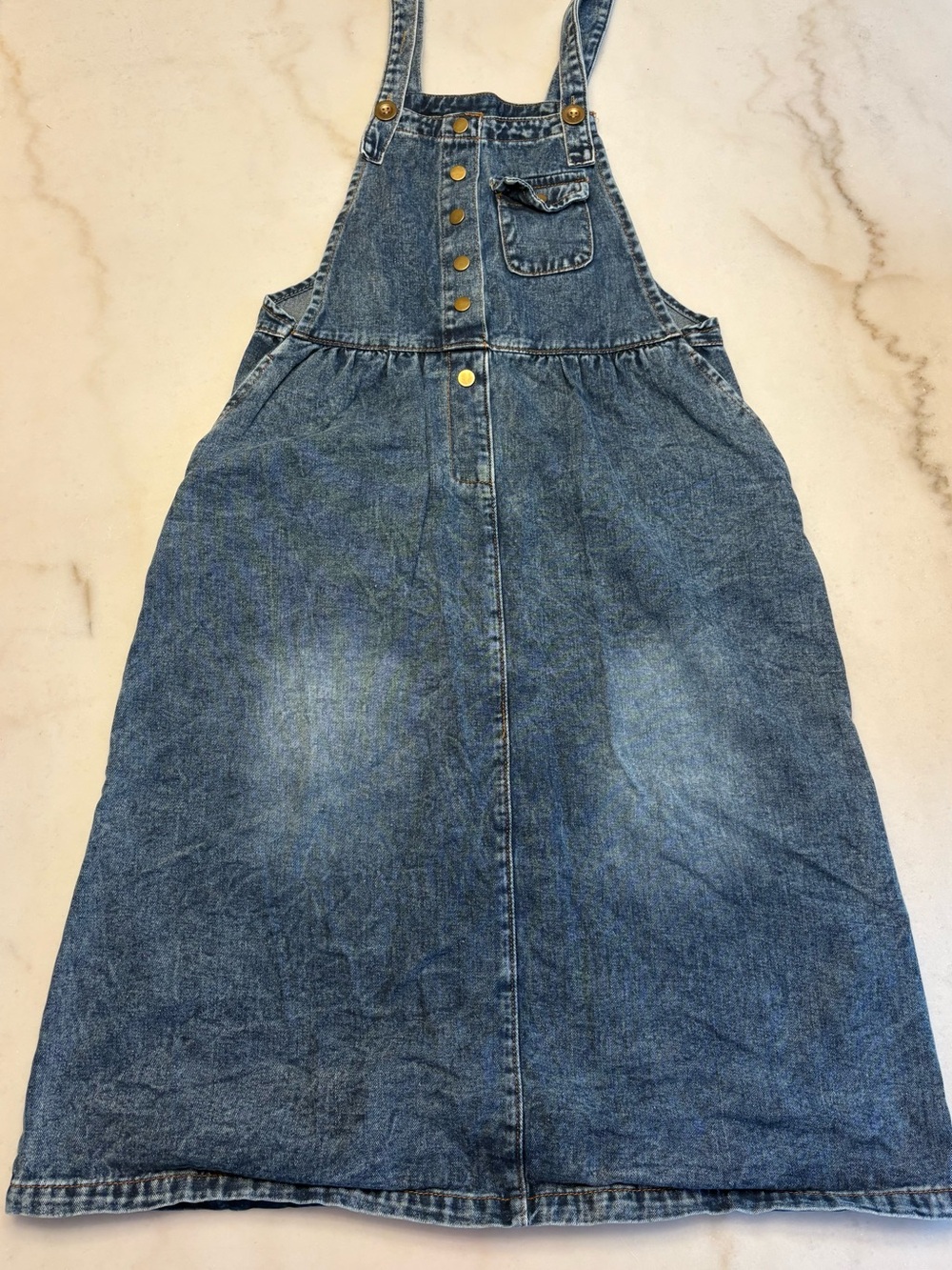 Women's Blue Denim Pinafore Midi Dress with Front Pocket